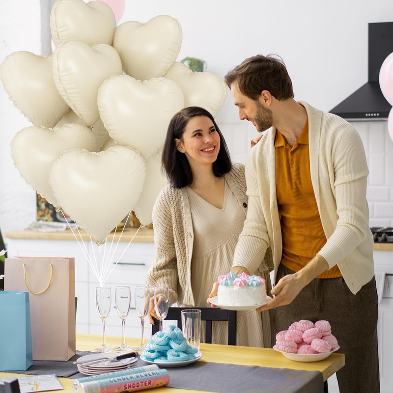 White Heart Balloons,10Pcs Cream White Foil Heart Shaped Balloons,18Inch Beige Helium Polyester Film Balloon for Valentines Engagement Birthday Baby Shower Wedding Party Decorations