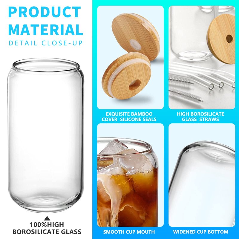 LSXKAMIX Drinking Glasses with Bamboo Lids and Glass Straws, 4-Piece Set - 16oz Can-Shaped Tumblers for Iced Coffee, Beer, Cocktails, and Whiskey - Includes 2 Cleaning Brushes, Ideal Gift
