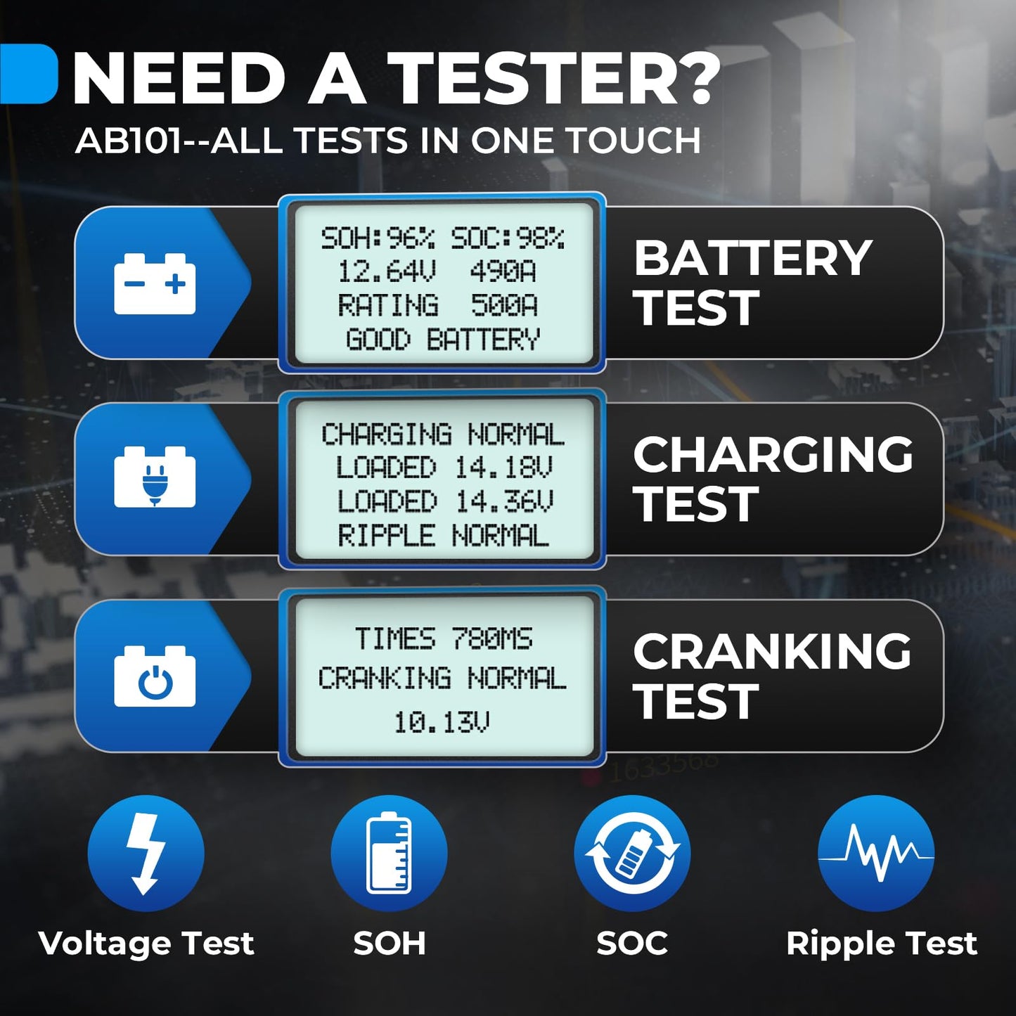 TOPDON AB101 Car Battery Tester 12V Car Battery Load Tester on Cranking Charging Systems, 100-2000 CCA Automotive Alternator Analyzer for Cars/SUVs/Light Trucks with Flooded AGM Gel Types