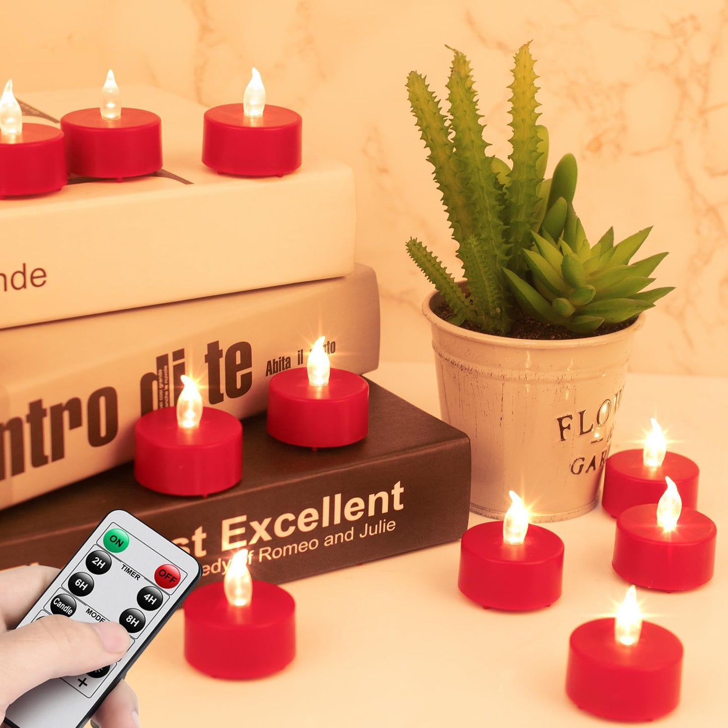 24 Pack Remote Control LED Tea Lights Battery Operated Flameless Candles 5Pcs Realistic and Bright Flickering Long Lasting 400 Hours Electric Candles for Christmas Home Party Wedding Decor (Red)
