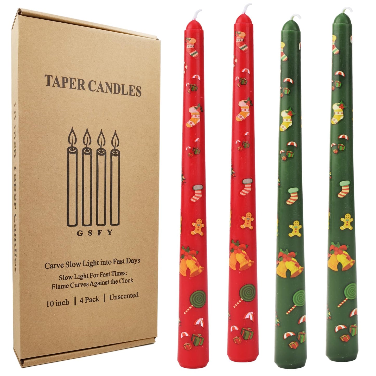 W&LESVAGO 10 Inch Christmas Print Taper Candles Set of 4, Hand-Printed Trees/Bell Patterns, Unscented Long Candlesticks for Dinner Tables & Festive Decorations