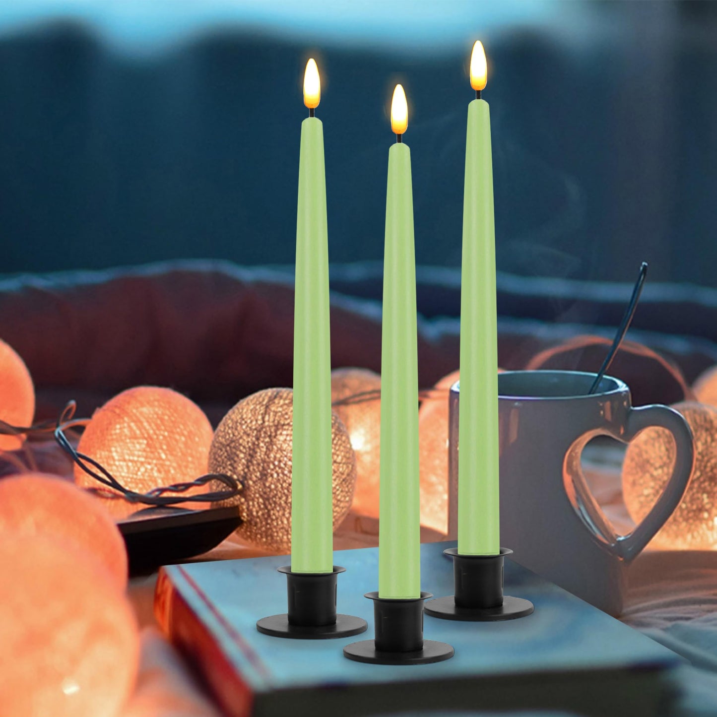 CVHOMEDECO. Flameless Taper Candles with 10-Key Remote, Battery Operated Led Flickering 3D Wick Window Candles Real Wax Finished Home Christmas Party Decor 0.78 x 11 Inch, Pack of 3, Light Green