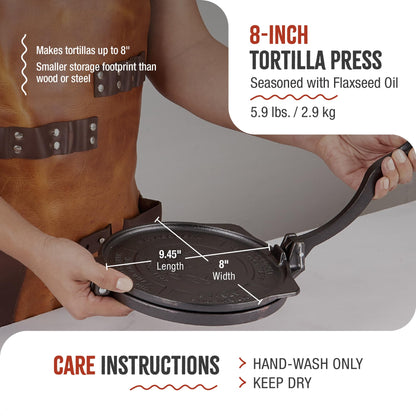 Victoria 8-Inch Cast Iron Tortilla Press HD Spherrous, Commercial-Grade Cast Iron Tortilla Maker, Roti Press, Pataconera Seasoned with Flaxseed Oil, Made in Colombia, Black