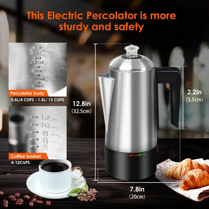 HOMOKUS Electric Coffee Percolator 12 CUPS Percolator Coffee Pot,800W Percolator Coffee Maker Stainless Steel with Clear Knob Cool-touch Handle,Coffee Pot Percolator Auto Keep Warm Function