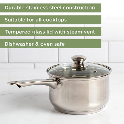 Ecolution Stainless Steel Sauce Pan, Encapsulated Induction Ready Cooking Pot with Glass Lid, Oven Safe, Dishwasher Safe Soup Pot, 3-Quart