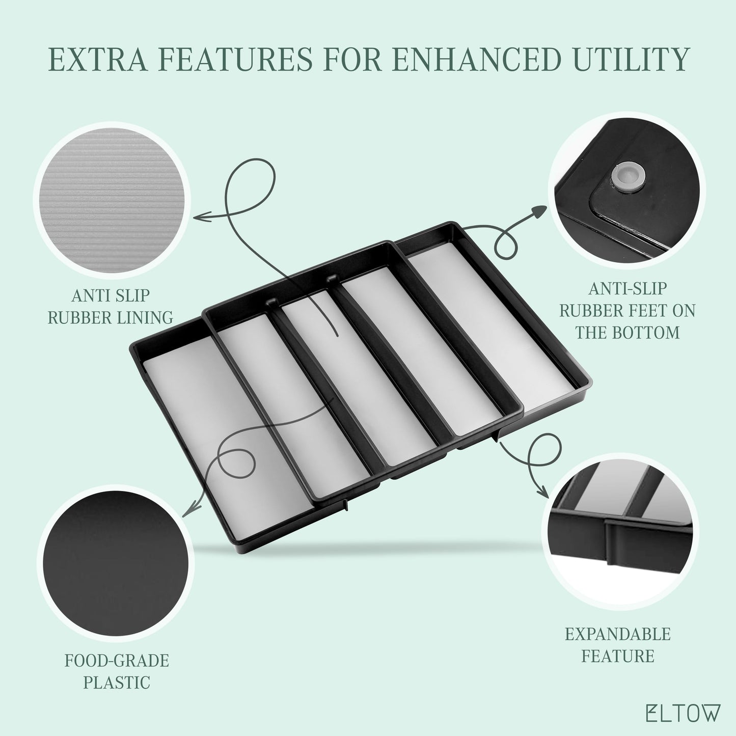 ELTOW Large Expandable Silverware Drawer Organizer, 8 Compartment Non-Slip & Adjustable Silverware Organizer for Drawer, Kitchen Organization for Utensils, Cutlery, Silverware Tray (Black)