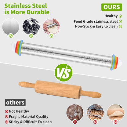Adjustable Rolling Pin Set with Thickness Rings Cookie Cutters Dough Scraper Food Grade Stainless Steel Precise Dough Roller Handle Press Design for Baking Fondant Pizza Pie Pastry Pasta Cookies