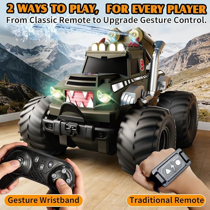 Dual Remote Control RC Car with Magic Gesture Wristband &amp 40+ Min Play 1:18 Fully Submersible Waterproof All Terrain 4WD Monster Truck Amphibious Toy Crawler Gift for Boys Girls Ages 6-12-Black