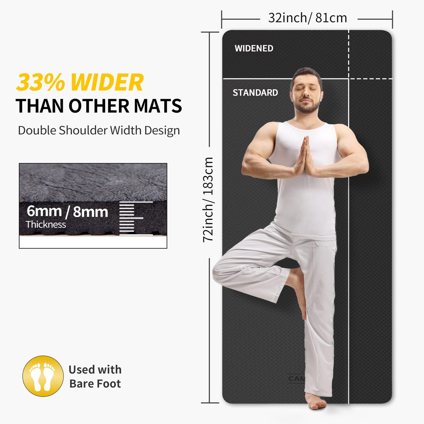 CAMBIVO Extra Wide Yoga Mat for Women and Men (72"x 32"x 1/4"), SGS Certified, Non-slip Large TPE Exercise Fitness Mat for Yoga, Pilates, Workout (6mm, Dark Black)