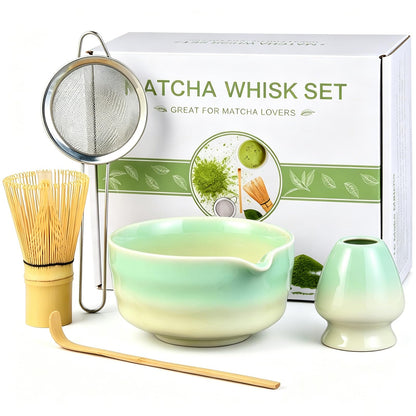 Matcha Whisk Set, 5pcs Japanese Ceremony Matcha Tea Kit Includes Ceramic Matcha Bowl with Spout, Bamboo Whisk & Holder, Traditional Scoop, Stainless Sifter, Gift for Matcha Lovers Beginner