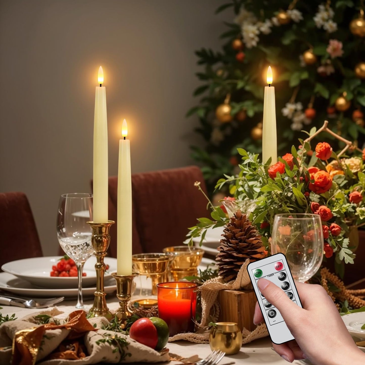 GenSwin Christmas Window Candles with Remote Timer, 3 Pcs Battery Operated Window Candles, Real Wax LED Flameless Taper Candle with Black Flameless Candlesticks for Home Decor(Ivory)