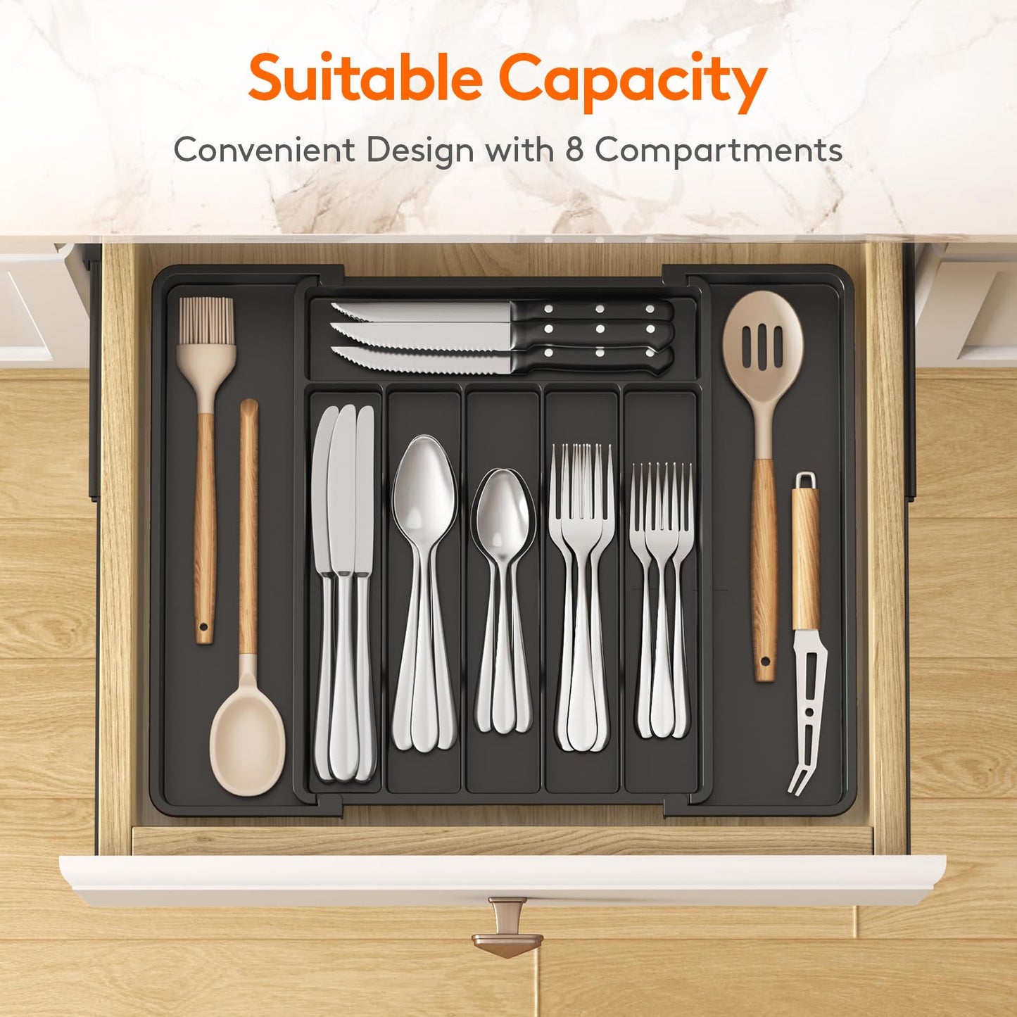 Lifewit Silverware Drawer Organizer, Expandable Utensil Tray for Kitchen, BPA Free Flatware and Cutlery Holder, Adjustable Plastic Storage for Spoons Forks Knives, 8.5"-14.1" x 12.1", Black