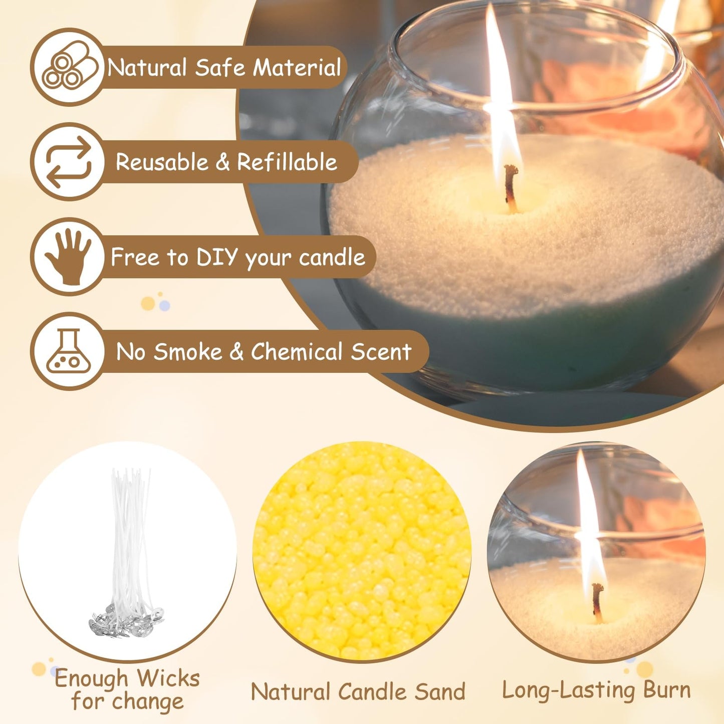 MECCANIXITY Pearled Sand Candles with 50 Pcs Wicks 21Oz / 600g Candle Beads Refillable Powder Sand Wax Making Kit for Thanksgiving Christmas Wedding Party DIY Home Crafts, Yellow