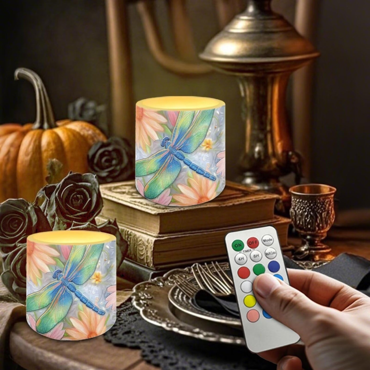 Cozeyat Floral Dragonfly Bedroom Decor LED Candles Set of 4 Battery Powered Flameless with Remote Timer Dancing Flame Waterproof for Home Patio Garden Table