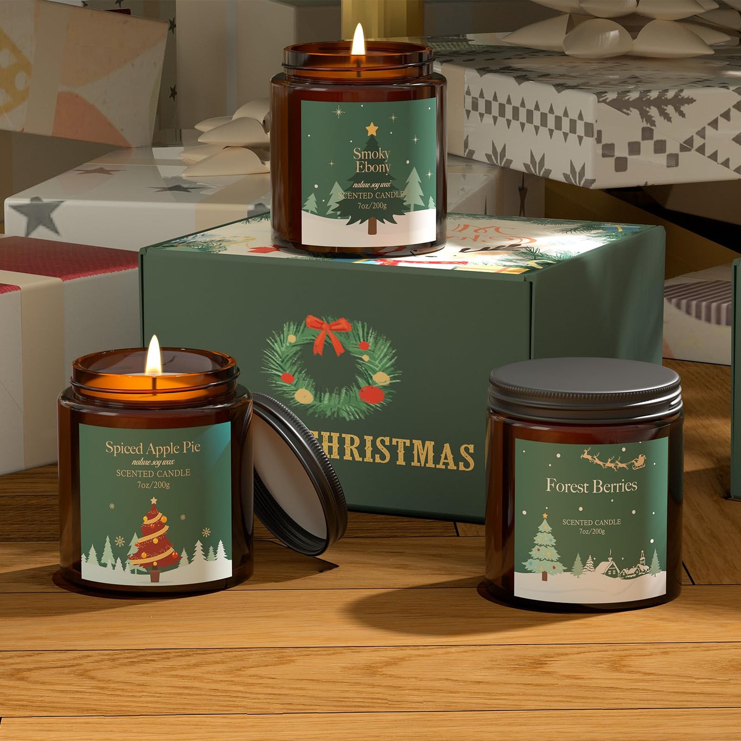 Christmas Candles Gift Set for Women, Scented Soy Candles for Home, 4 Pack 7 oz Fall Fragrance of Smoky Ebony/Spiced Apple Pie/Lavender Cedar/Forest Berries