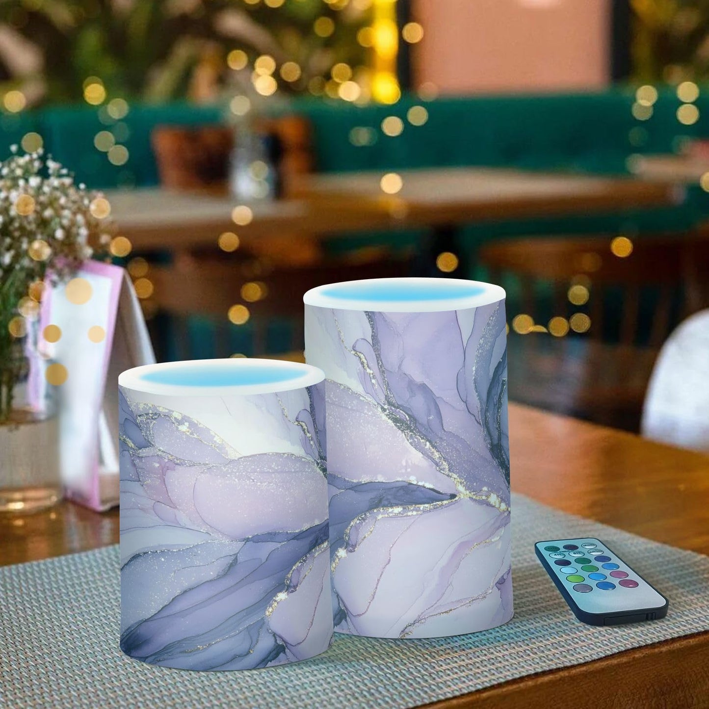 BOENLE Flickering Flameless Candles, Purple Marble Lavender Liquid LED Candles with Remote Timer, Set of 2 Battery Operated Candle for Valentine Wedding Birthday