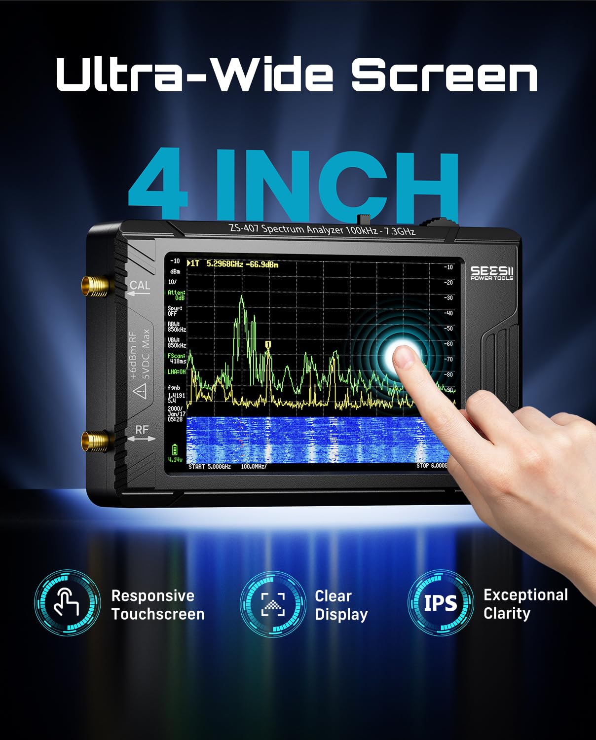 SeeSii TinySA Ultra+ ZS407 7.3GHz Spectrum Analyzer: 2025 Upgraded 4 Inch HW V0.5.4 100kHz-7.3GHz Handheld Tiny Frequency Analyzer - 2-in-1 RF Signal Generator 100kHz to 900MHz MF/HF/VHF UHF