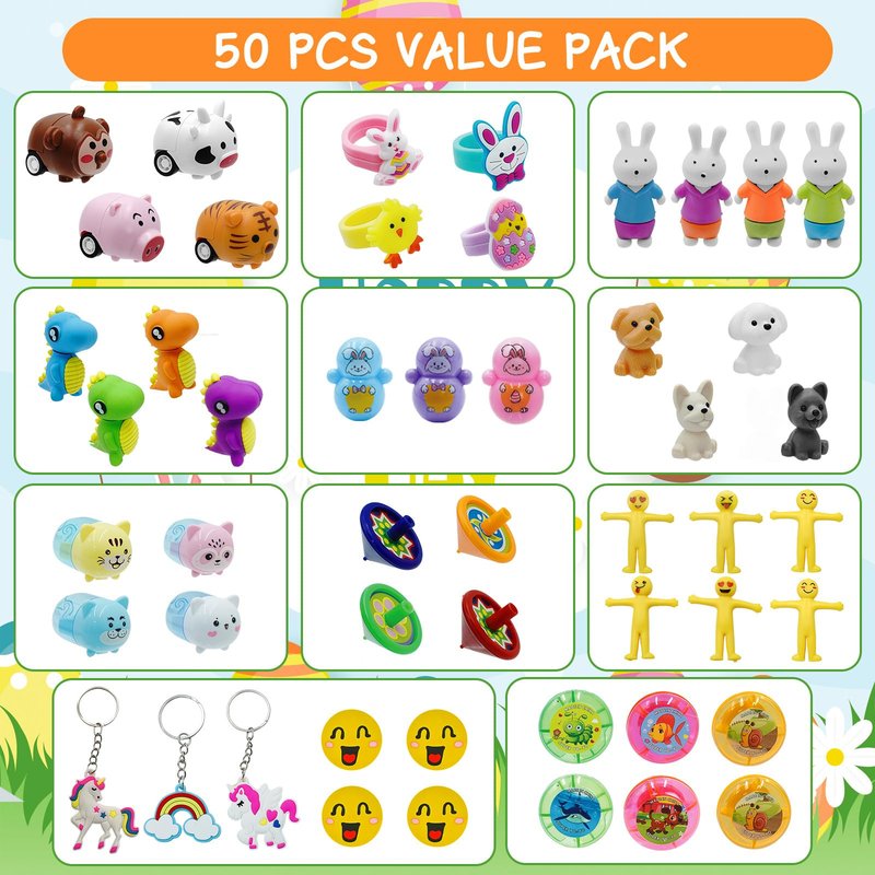 PIONJOY 50PCS Prefilled Easter Eggs with Toys ,50 Plastic Easter Eggs Fillers with Assorted Toys Easter Basket Stuffers for Kid Toddler Boys Girls Party Favors