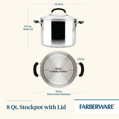 Farberware Brilliance Stainless Steel Stockpot with Glass Lid, 8 Quart, Dishwasher Safe and Induction Ready, Compatible with All Cooktops, Stainless Steel
