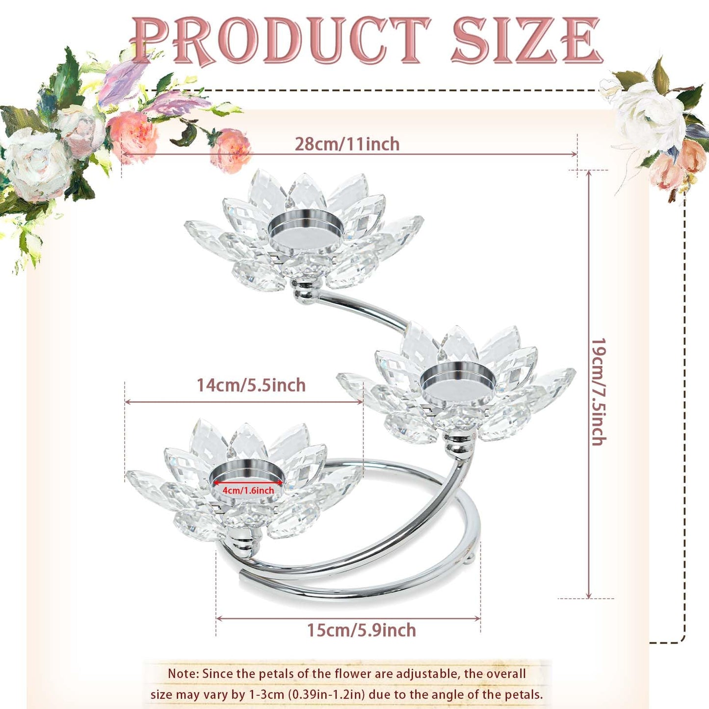 Kehail Silver 1 Pc Crystal Flower Shaped Candle Holder Set, 3-Arm Metal Votive Tea Light Candlestick for Table Centerpiece, Home Wedding Party Anniversary Decor