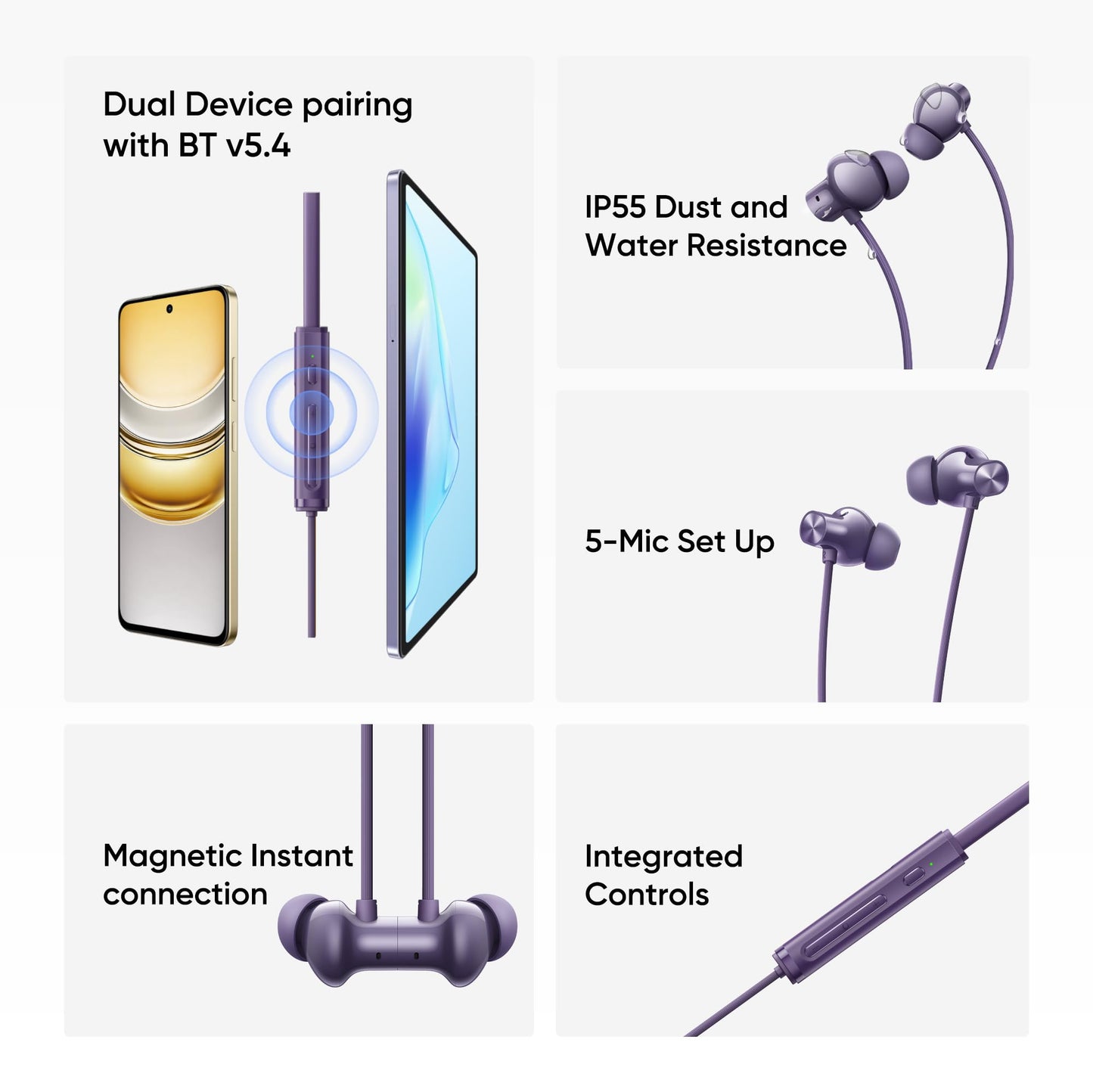 realme Buds Wireless 5 ANC in Ear Bluetooth Headphones, 50dB ANC, 13.6mm Dynamic Bass Driver, 360° Spatial Audio, 45ms Low Latency, Upto 38hrs Playback, IP55 Rating, Dual Device Connection - (Purple)