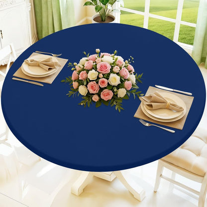 Moosfor Round Spandex Tablecloth, Elastic Fitted Waterproof Tablecloths for 45"-56" Tables, Stretch Washable Picnic Table Cover for Camping, Dining, Indoor and Outdoor, Navy