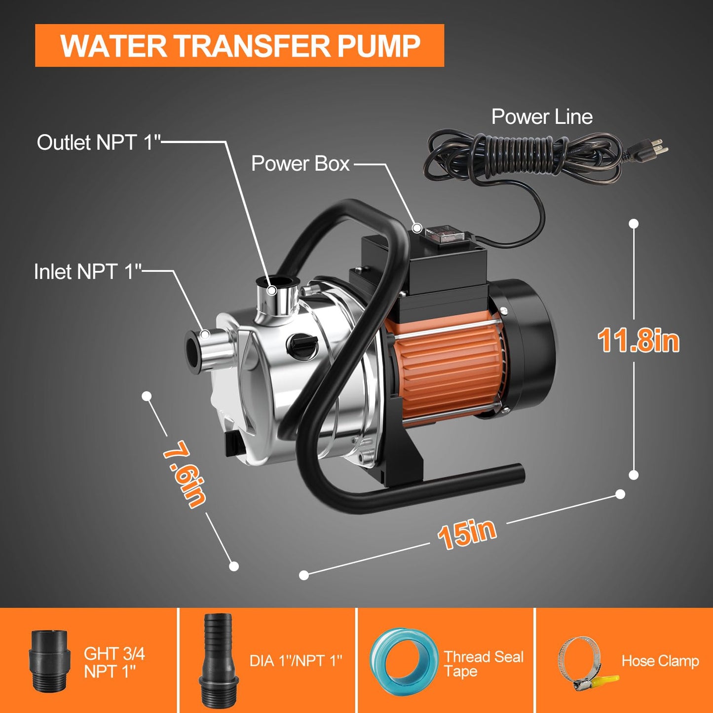 SHANGDA Water Transfer Pump 110V Shallow Well Pump 1.6HP Electric Portable Garden Pressure Booster Pumps for Sprinkler Irrigation Lawn with Adapters, Orange