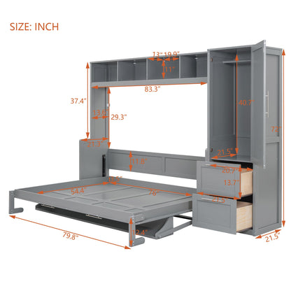 Ball & Cast Murphy Bed Full Size with Five-Layer Cabinet,Solid Wood Storage Hidden Wall Bedframe,W/Folding Designed,Space-Saving,for Home Office,Study,Guest Room,Gray