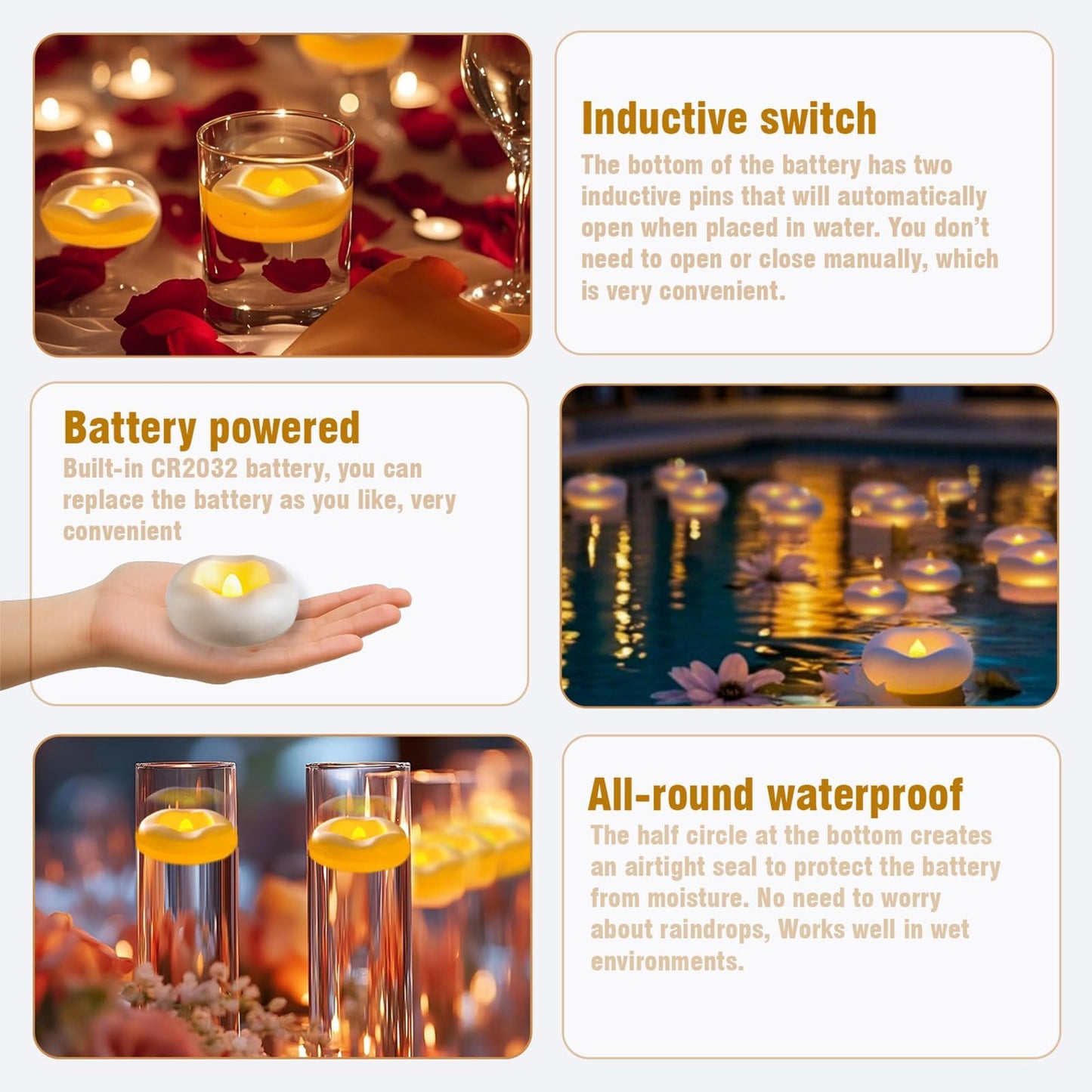 Eynshoo 24 Pack Floating Candles,3-Inch Waterproof LED Tea Lights–Realistic Flickering Flame,160-Hour Battery, Flameless&Safe, Auto On/Off for Centerpieces,Pool, Weddings,Halloween, Parties