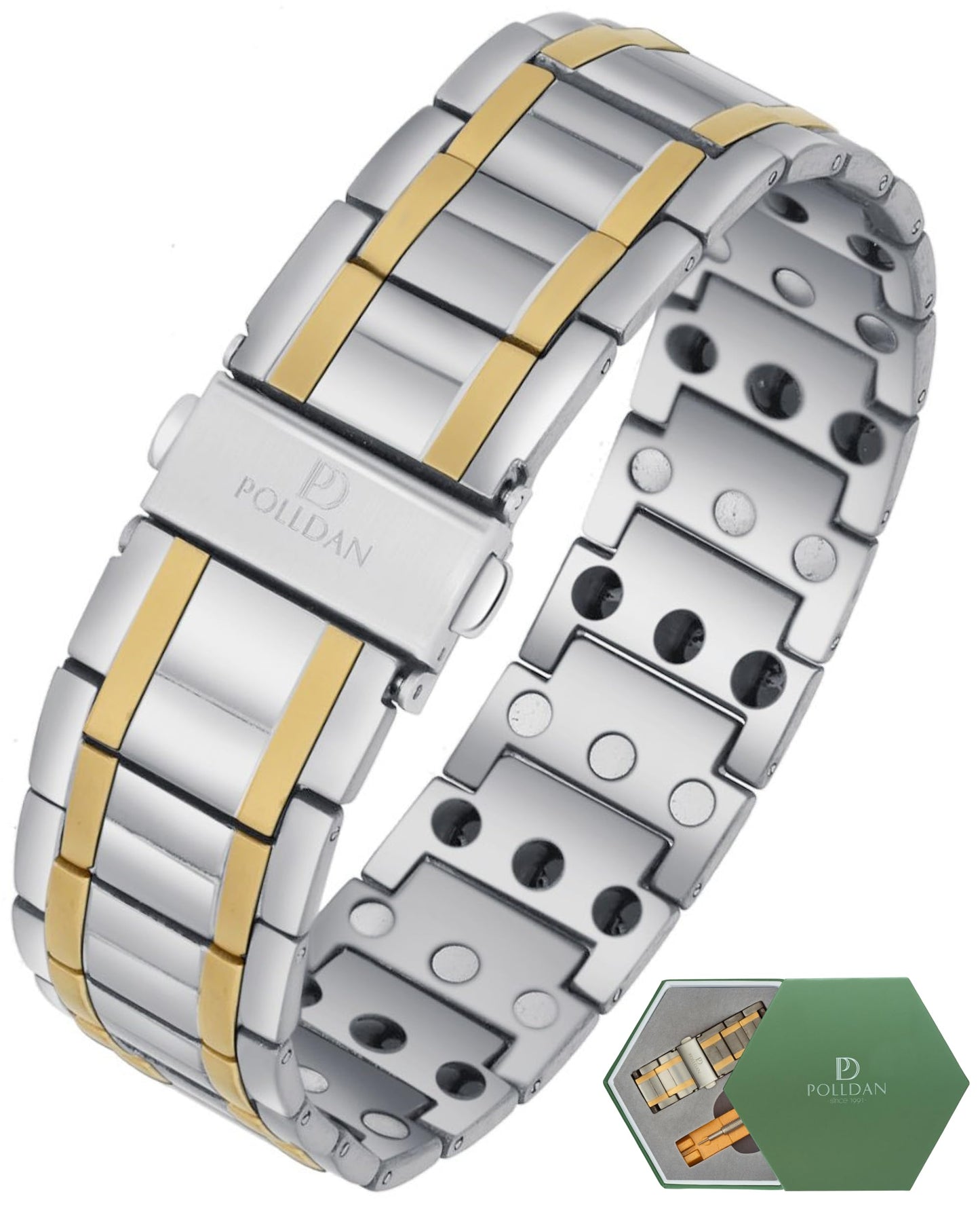 POLLDAN® Mens Magnetic Bracelet with 6200 Gauss Power | 3X Strength Mens Bracelet | Titanium Bracelets for Men with Fold-Over Clasp, Adjustable Length, Gift Box | Mens Wrist Jewelry (Silver&Gold)