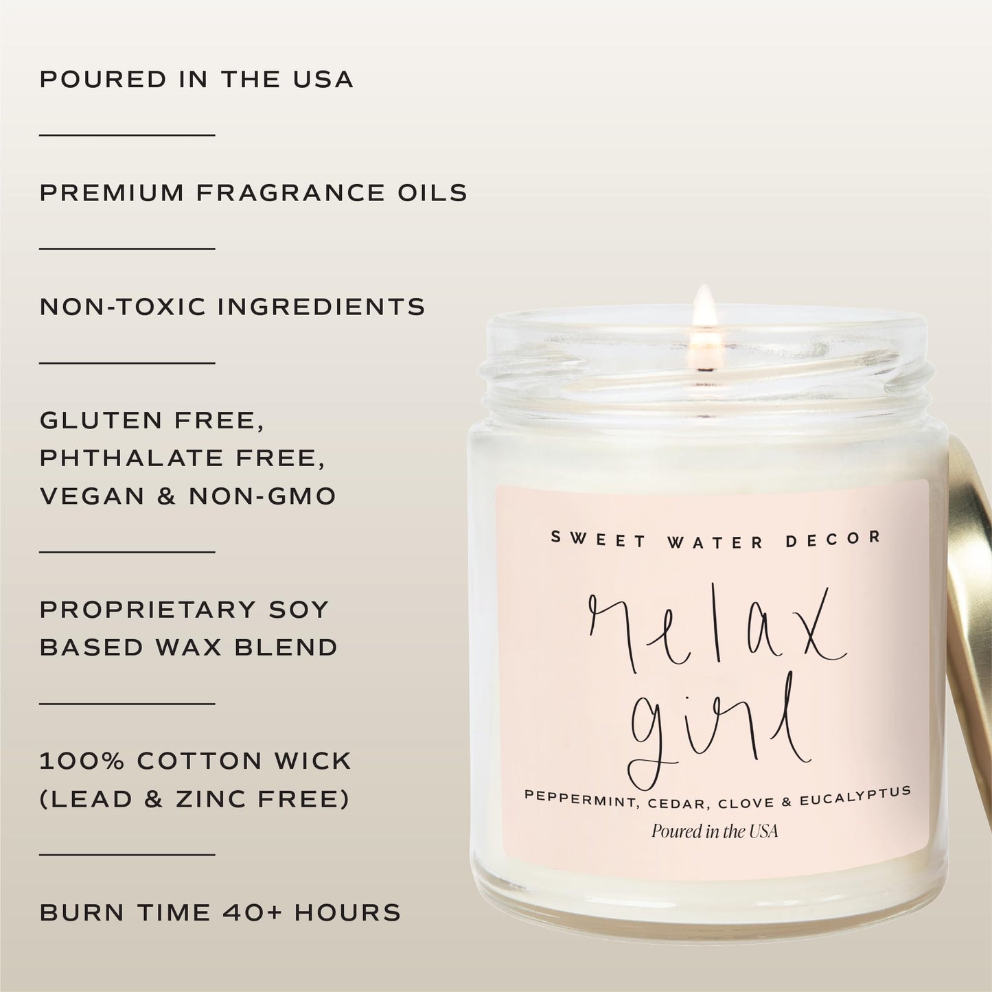 Sweet Water Decor Relax Girl, Peppermint, Cedar, Clove, and Eucalyptus Scented Soy Wax Candle for Home | 9oz Clear Jar, 40 Hour Burn Time, Non Toxic, Made in the USA