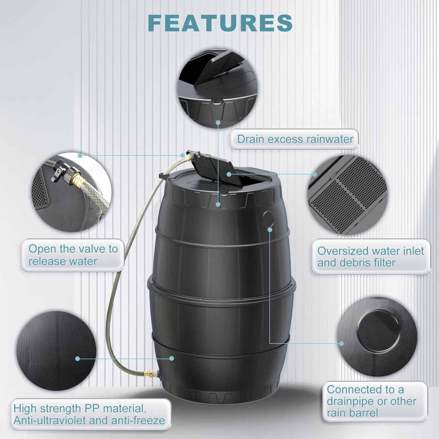 SQUEEZE master 50 Gallon Rainwater Collection Barrel Without Stand-BPA Free Home Rain Catcher with Water Diverter, Outlet Hose-Flatback Designed Water Storage Collection Barrel for Gardens and Plants