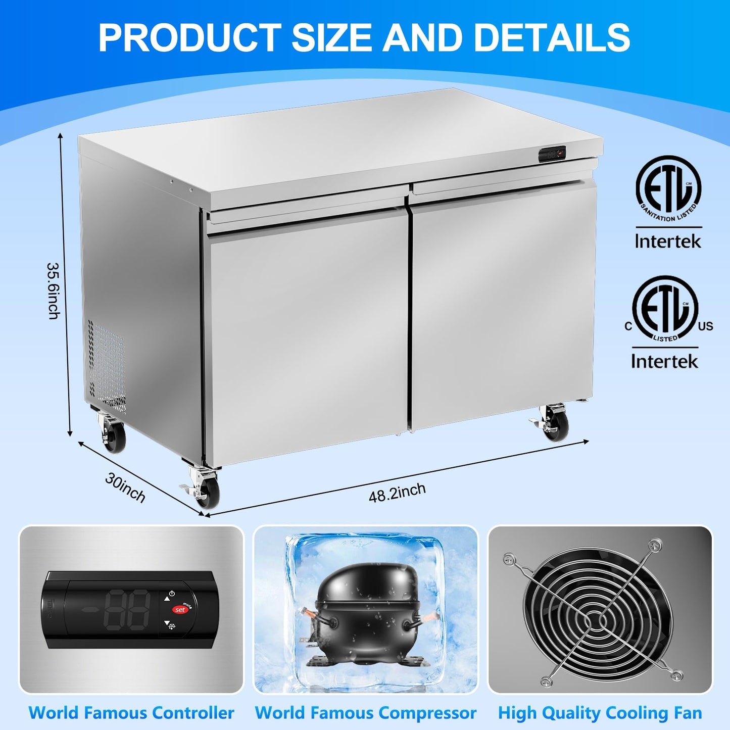 Rockitch 48" W Commercial Undercounter Refrigerator, 11.1 Cu.ft Stainless Steel Worktop Refrigerator, 2 Doors Fan Cooling Kitchen Fridge with Adjustable Shelves for Restaurant Food Prep, ETL Approved