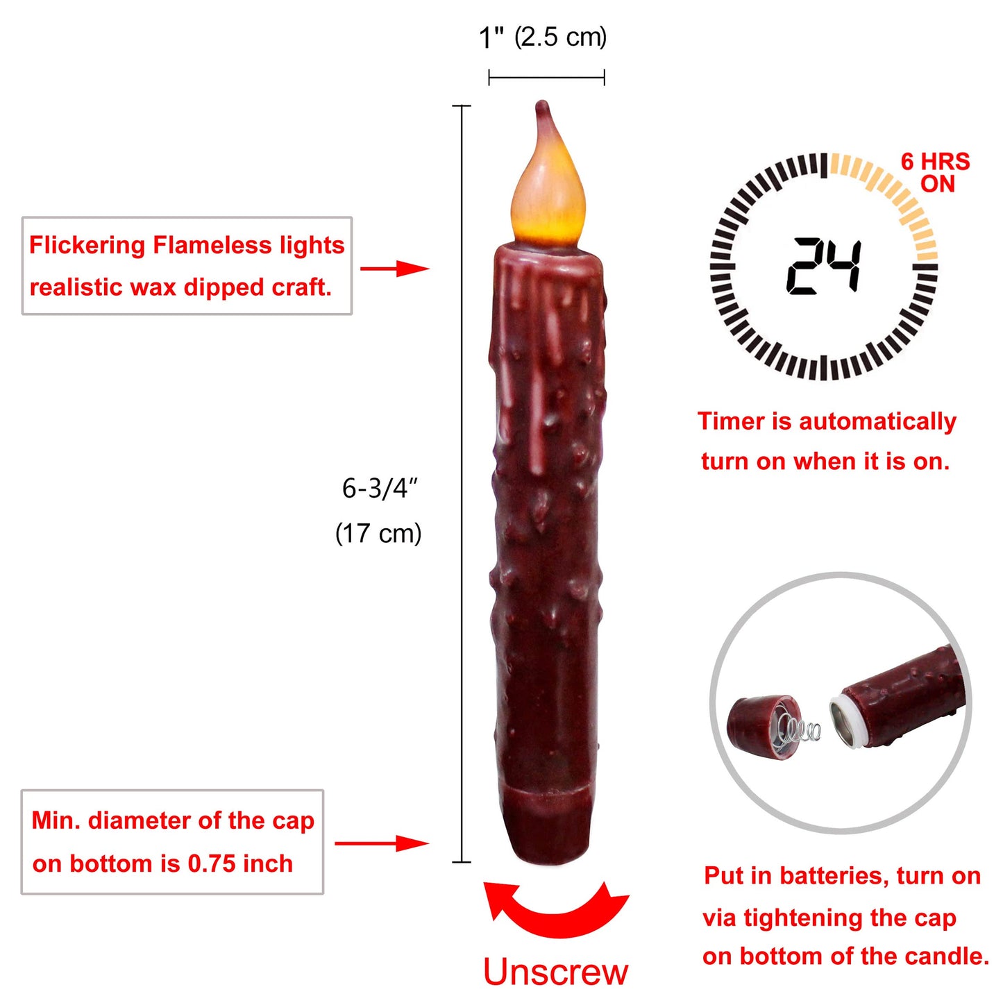 CVHOMEDECO. Real Wax Hand Dipped Battery Operated LED Timer Taper Candles Country Primitive Flameless Lights Décor, 6-3/4 Inch, Burgundy, 2 PCS in a Package