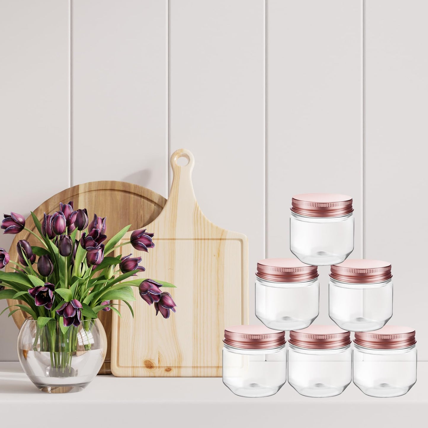 Tanlade 60 Pcs 3 oz Clear Plastic Jars with Lids Wide Mouth Mason Jars Mini Storage Containers Bulk for Herb Jelly Wedding Valentine Favors Shower Party Favors(Rose Gold)