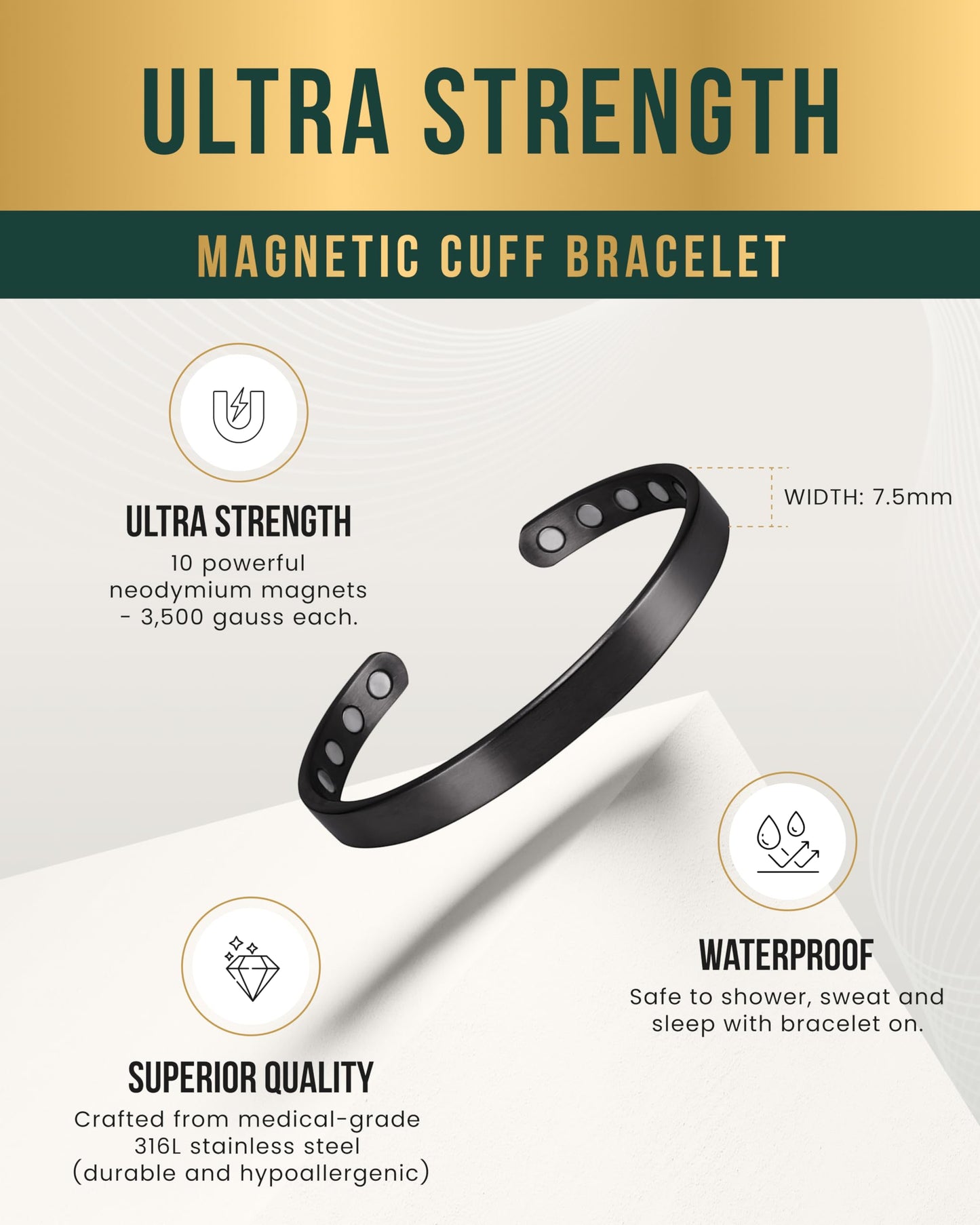 MagnetRX® Magnetic Bracelets for Men & Women - Elegant Bangle Men’s Cuff - Golf/Tennis Elbow & Balance, Stainless Steel Magnetic Bracelets for Women (Black | Large)