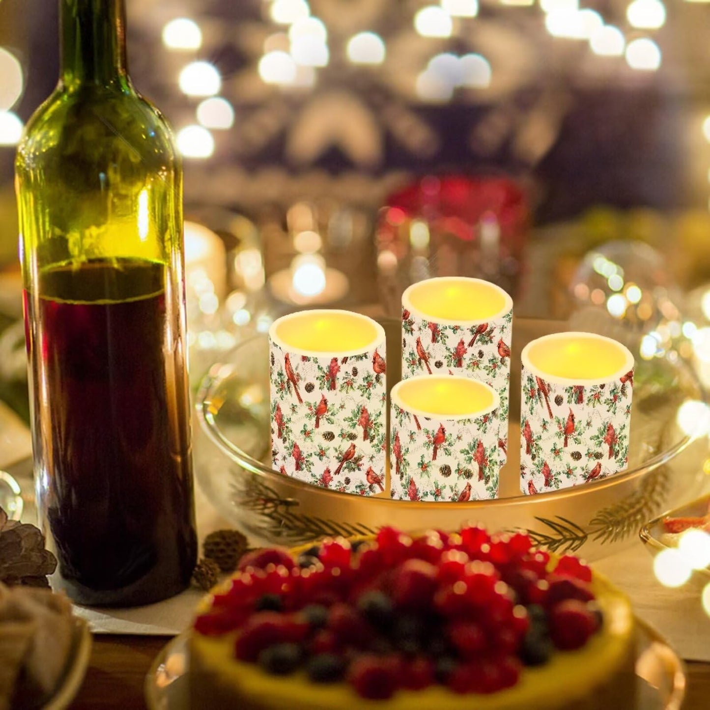 NETILGEN Christmas Cardinal Bird Flickering Flameless Candles with Battery Powered LED Candles with Remote Timer Color Changing Control 4 Pcs Set