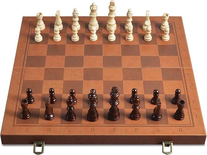 Magnetic Chess Set for Adult Kid 15.4 Leather Chess Board with Handmade Chess Piece Including 2 Extra Queens and Storage Slot Folding Portable Travel Chess Game for Beginner and Professional