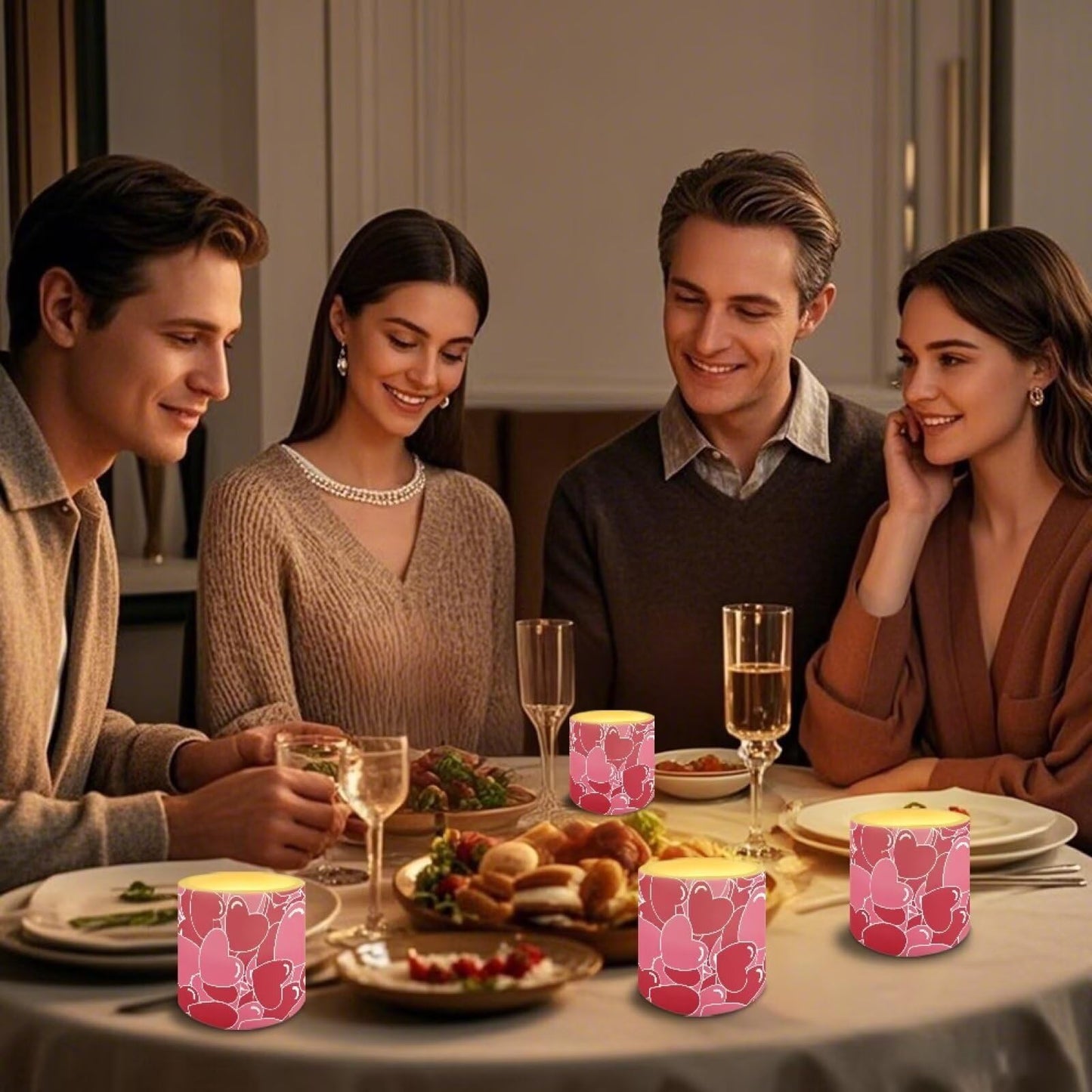 Merkmak Pack of 4 Full Heart Print Flameless Candles with Remote Battery Operated Candles with Timer Waterproof Flameless Pillar Tea Lights for Valentines Day Wedding Home Decorations