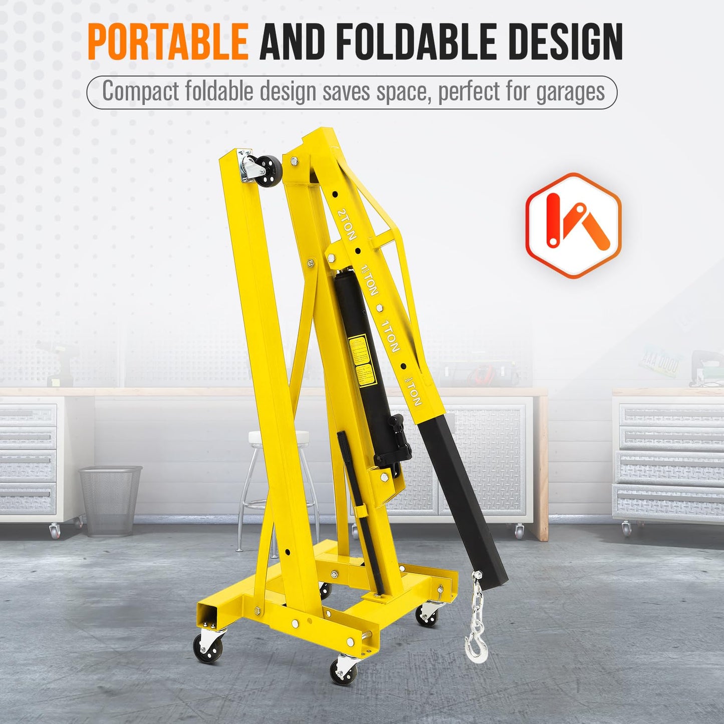4400 Lbs Folding Hydraulic Engine Hoist, 2 Ton Portable Cherry Picker with 6 Wheels & Telescopic Boom, Foldable Engine Shop Crane Lift for Home Garage, Workshop, Warehouse, Yellow, Heavy-Duty