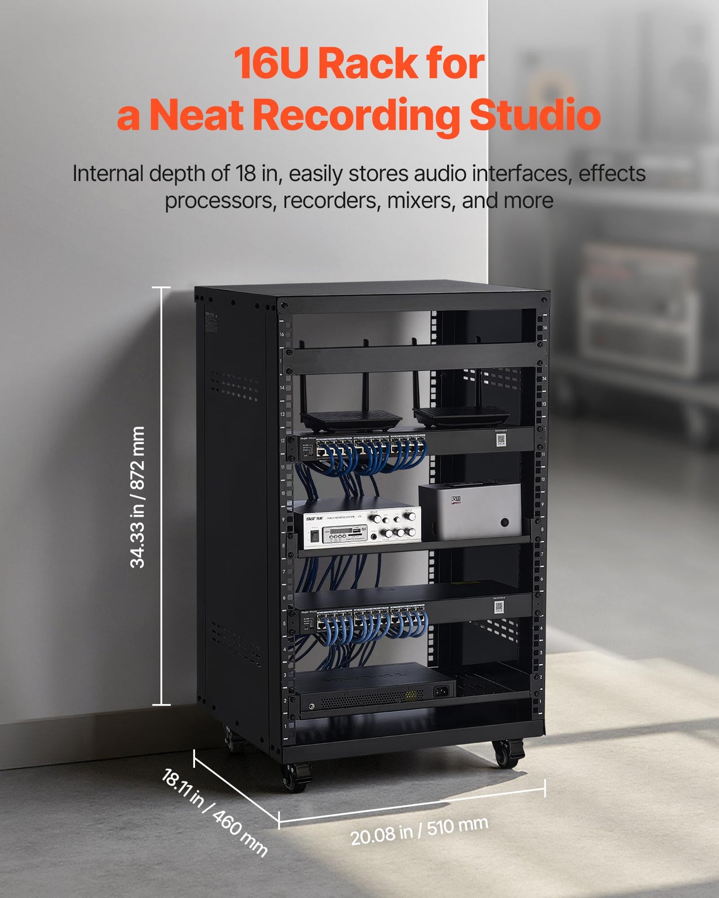 VEVOR 16U AV Rack, Recording Studio Rack Cabinet, Open Frame Server Rack with Locking Caster Wheels, Removable Side Panels & Vent Design for 19" Network, Audio, Video, IT & Network Equipment Mounting
