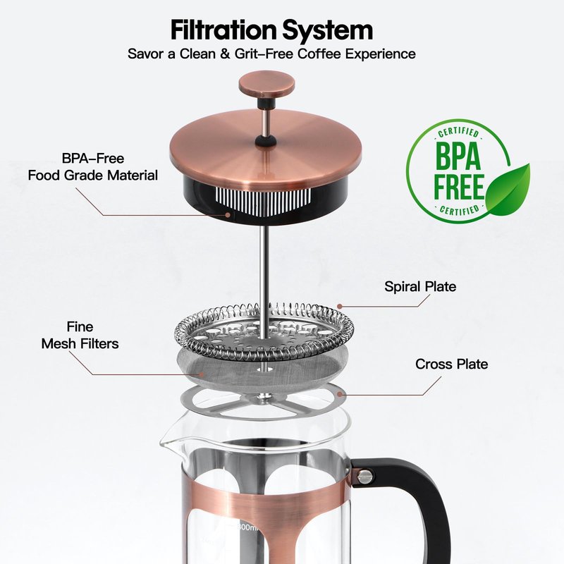 Panana 34 Ounce 1 Liter French Press Coffee Maker, Heat Resistant Borosilicate Glass Coffee Press, Cold Brew Coffee Pot Tea Press for Kitchen, Stainless Steel (Copper)