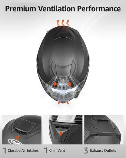 YEMA Modular Motorcycle Helmets, DOT Approved Full Face Motorcycle Helmet with Flip Up Dual Visor, Helmets for Adults Men Women Helmets for Street Scooter ATV E-Bike - YM-926 (Matte Black, XXL)