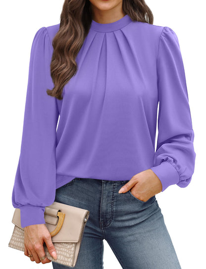 WIHOLL Long Sleeve Shirts for Women Mock Neck Tops Pleated Front Blouses Dressy Casual Fall Clothes 2025 Fashion
