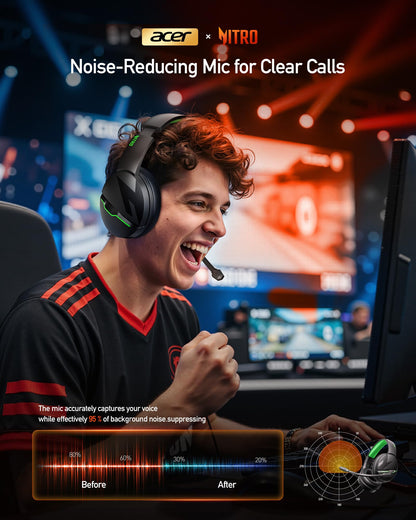 acer Wireless Gaming Headset, PS5 Headset with 2.4GHz for Ps5, Ps4, PC, Switch, Bluetooth 5.3 + 100Hrs Gaming Headphones with Noise Canceling Mic for Laptop, Mobile, Mac, 50mm Drivers (Green)