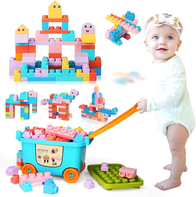 Large Particle Soft Building Block Toys with Storage Box with pull rods for Toddler Aged 18 Months to 6 Years old.Preschool Toys Suitable for Kindergarten Parent-child Interaction etc(81P)