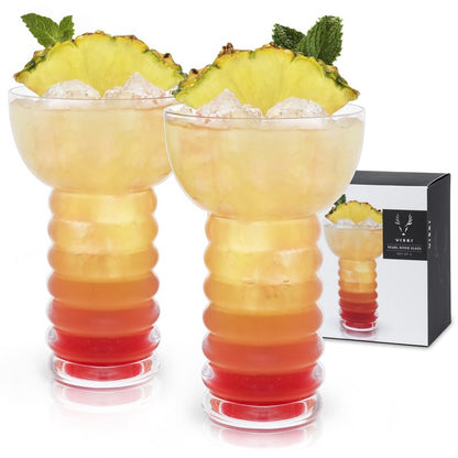 Viski Pacific Crystal Pearl Diver Tropical Tiki Tumbler Set of 2 - Premium Crystal Clear Glass, Stylish Tiki Glasses for Cocktails Gift Set, 12 oz