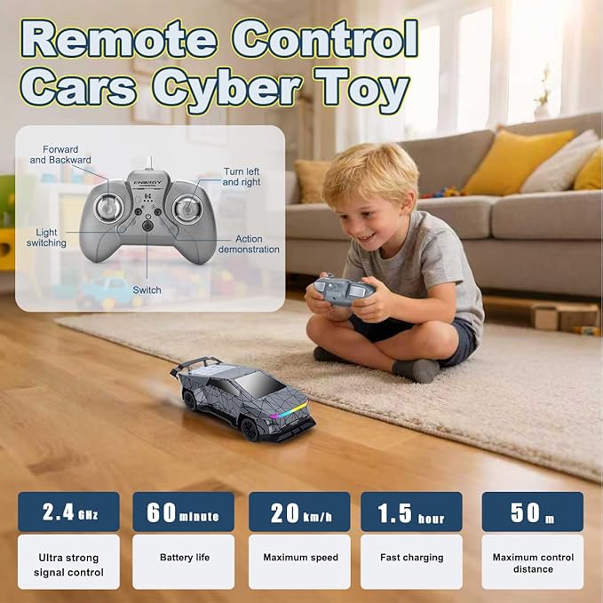 Remote Control CarAll Terrain 2.4GHz RC Truck for 3-12 Year Old Boys Electric Vehicle RC Car with LED Lights for Kids Birthday Gifts for Kids (Gray)