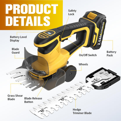 FULLYEA Cordless Hedge Trimmer, 2-in-1 Electric Shrub Trimmer & Grass Shear, Lightweight Bush Trimmer with 2 Blades & 2*2.0Ah Batteries, Handheld Grass Trimmer, Battery Powered Hedge Cutter (Yellow)