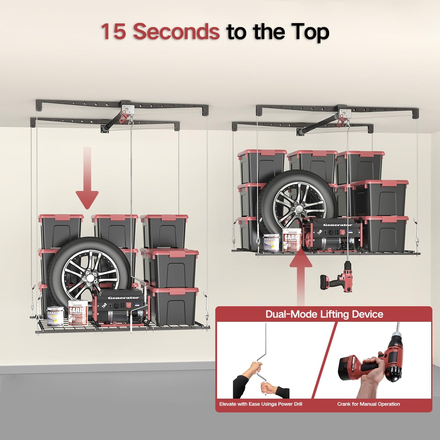 Overhead Garage Storage Rack for 8-10 FT Ceiling, 4x4 FT Ceiling Storage Racks with Safety Lock, Ideal for Garage Storage Mounted Lift System and Storage Organizer, 250lbs Capacity